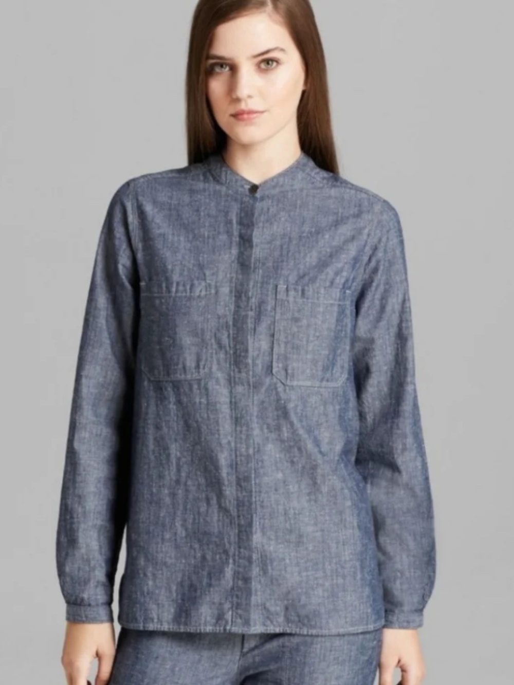 VINCE. The Patch Pocket Shirt In Rinse Indigo Grey Button Down Nehru Collar M